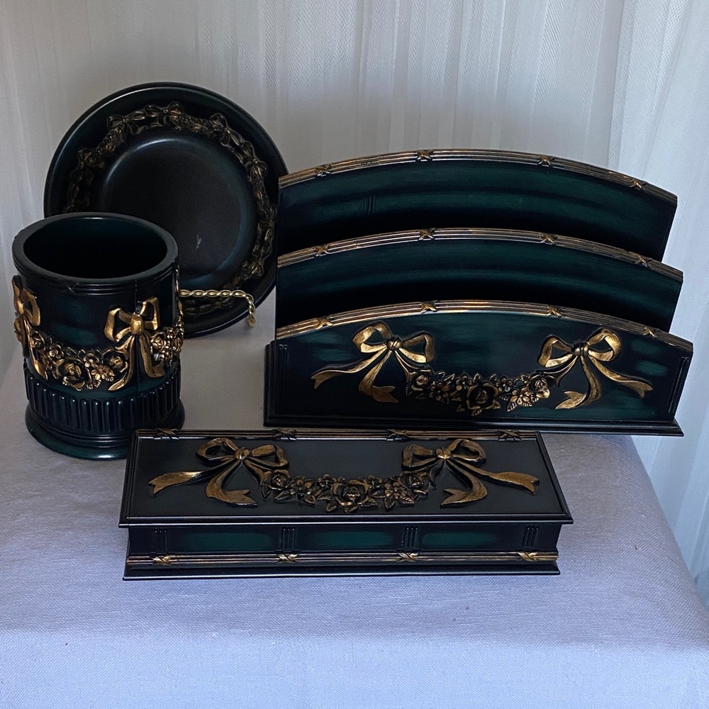 Vtg 80’s Elegant Green and Gold Desk Wooden Stationery Kit